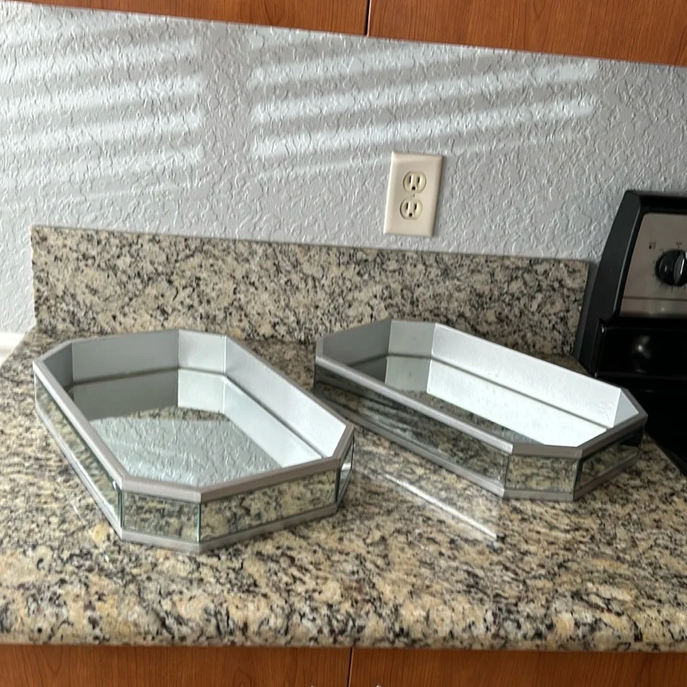 Two glass mirror trays, 16 inches wide 10 inches long